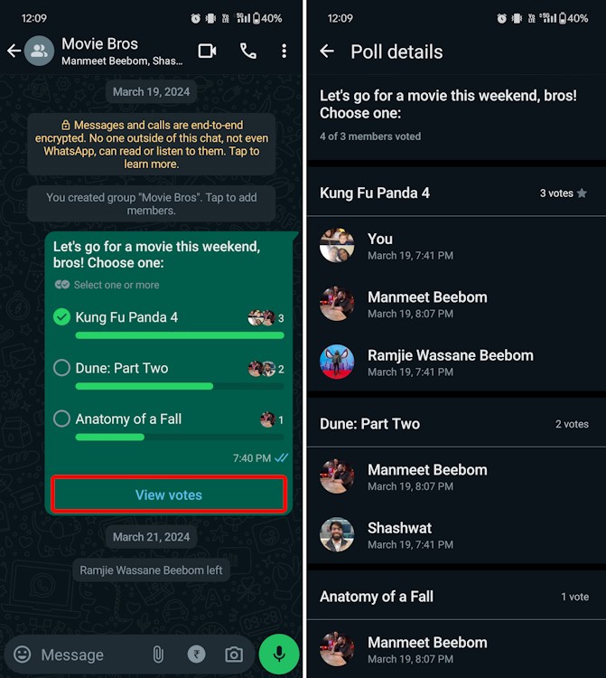 Xem phiếu bầu trên một Poll WhatsApp trên ứng dụng dành cho thiết bị di động