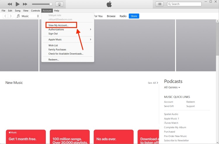 Xem tài khoản trong iTunes