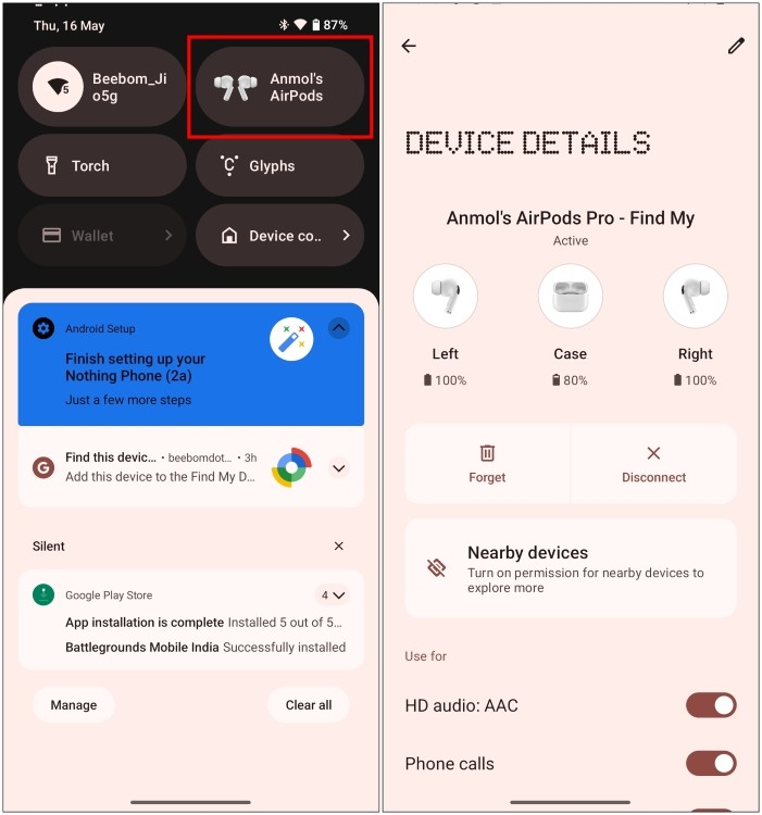 Xem trước AirPods trong Cài đặt nhanh