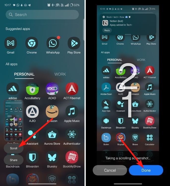 Xem trước ảnh chụp màn hình OnePlus với tính năng cuộn đang hoạt động